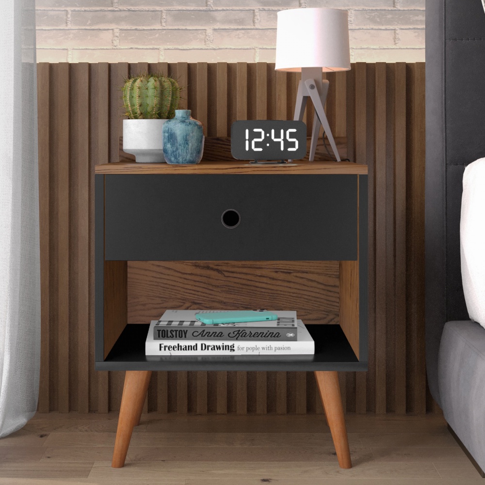 Mesa de Cabeceira Pérola Pés Retro - Preto com Nature