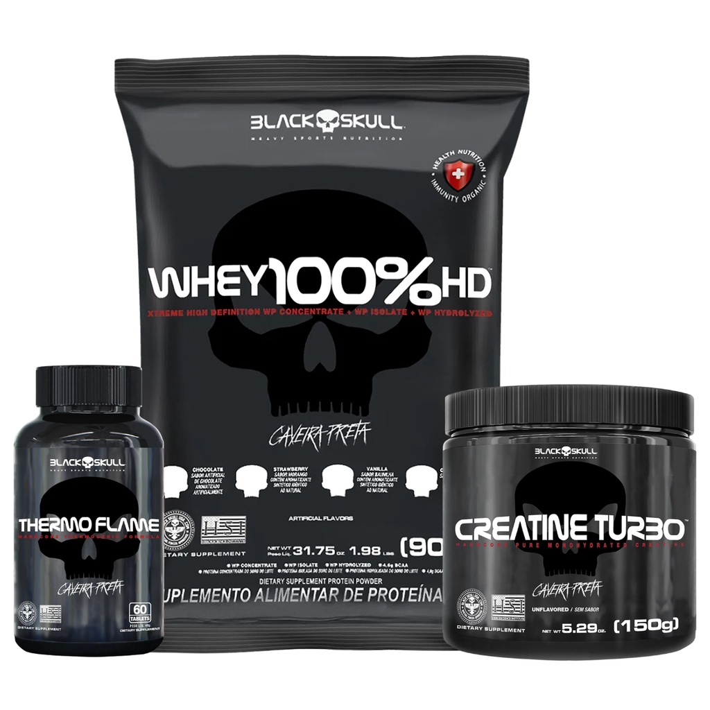 Kit Whey 100% HD Whey Protein 900g + Creatina Turbo 150g + Termogenico Thermo Flame 60 Tabletes – Black Skull Caveira Preta