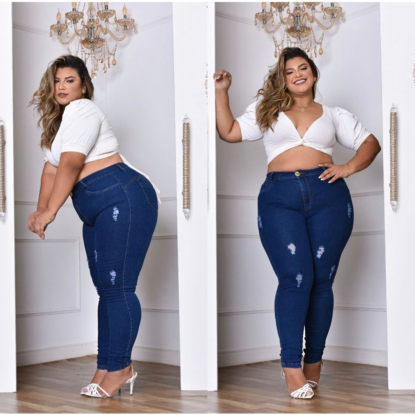 Calça Jeans Feminina Plus Size Cintura Alta Com Lycra Strech Elastano  Premium efeito Empina Bumbum - Corre Que Ta Baratinho