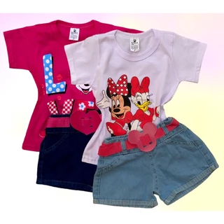 KIT 2 CONJUNTOS INFANTIL MENINA DE 06 MESES A 5 ANOS COM CAMISETA E SHORT JEANS