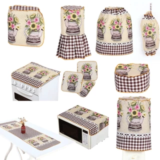 Kit Completo 14 Peças Estampado Caminho de Mesa/ Avental / Capa Botijão/ Capa Liquidificador / Fritadeira/ 03 Toalhas Multiuso Decoração Cozinha Oferta