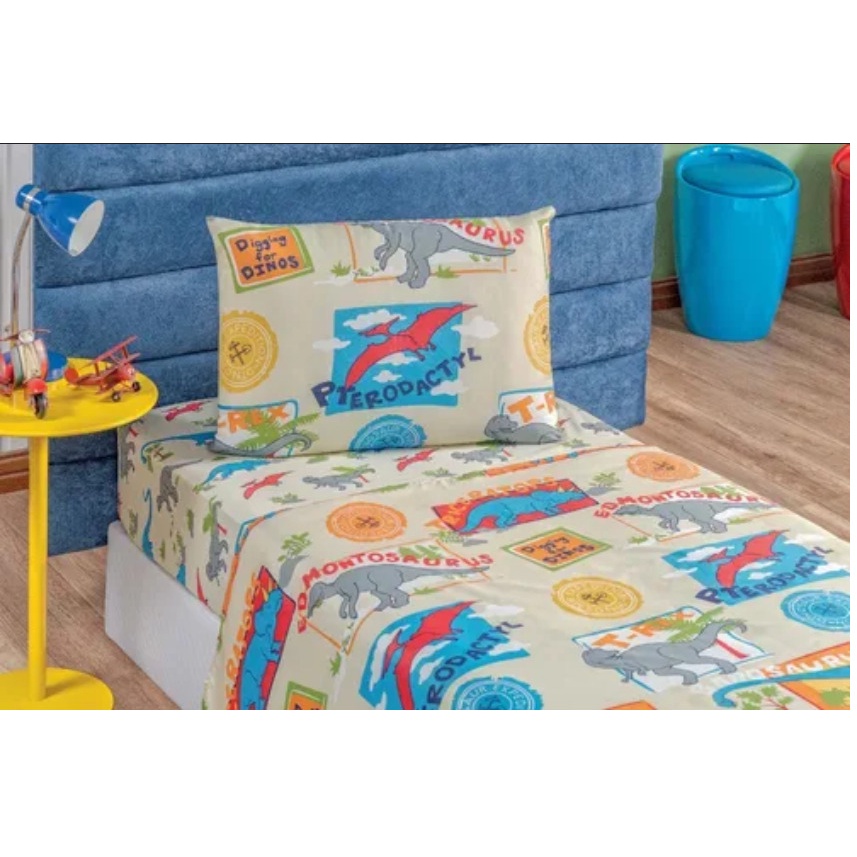 Jogo de Cama Infantil Menino Estampado Dinossauro 3 Peças Tecido