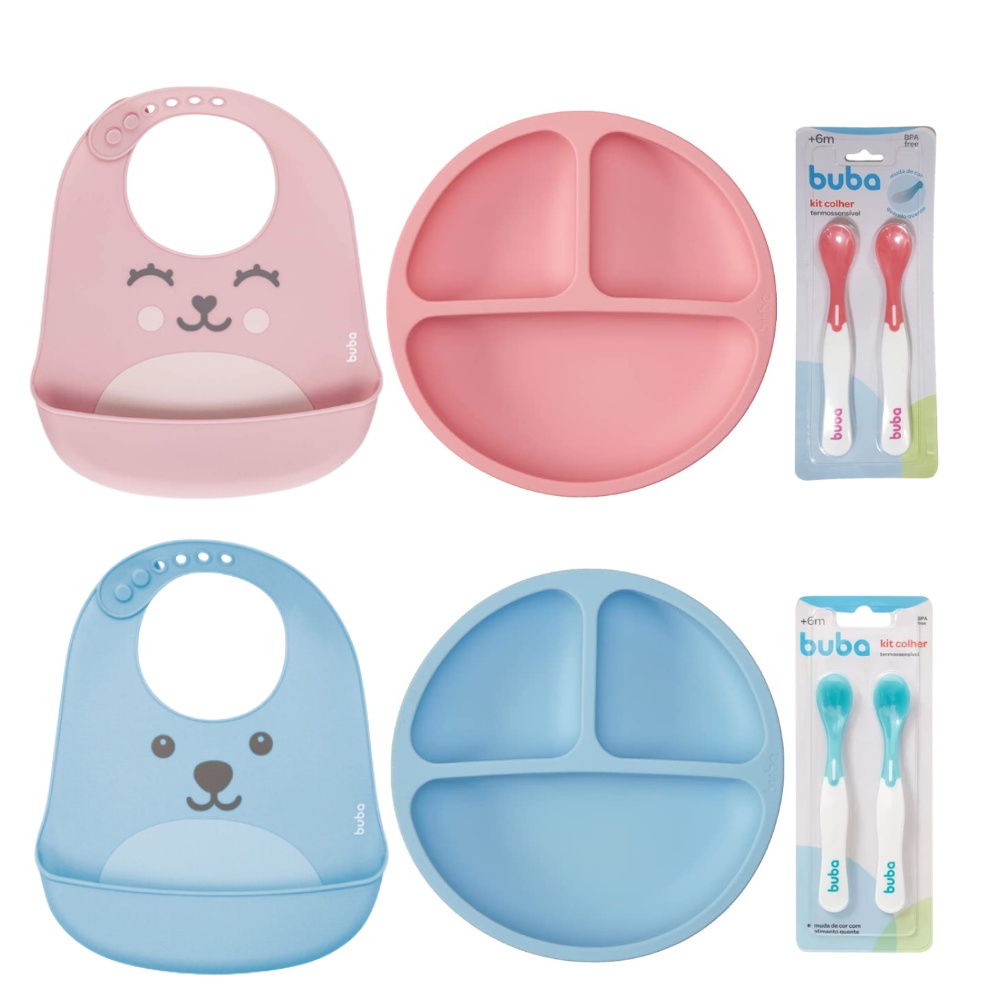 Kit Introdução Alimentar Buba Prato Silicone Ventosa Bebê Babador ...