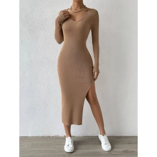 Vestido longo decote em v manga longa com fenda na perna basico