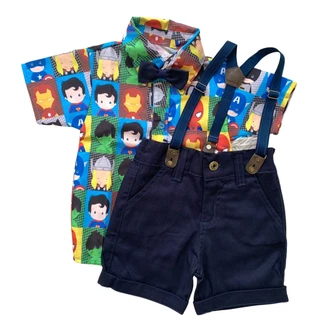 roupa HEROIS VINGADORES festa infantil menino conjunto Camisa Gravata Bermuda e Suspensório