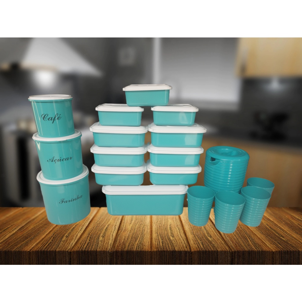 Kit 13 Potes Mais Jarra c/ 4 Copos Jogo com Pote Mantimentos Cozinha Freezer Microondas Herméticos