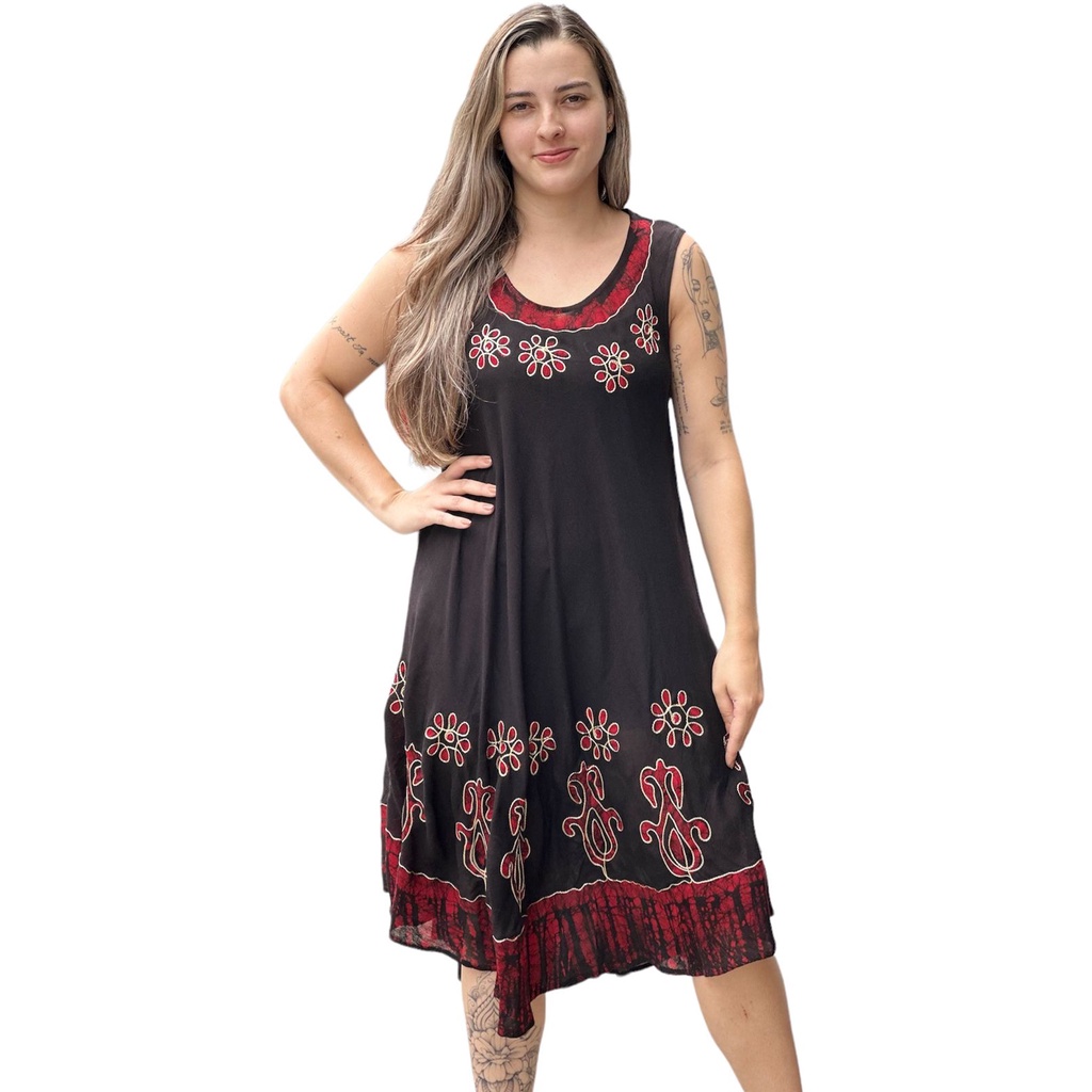 Vestido Curto Indiana Trapezio Bordada Batik Plus Size