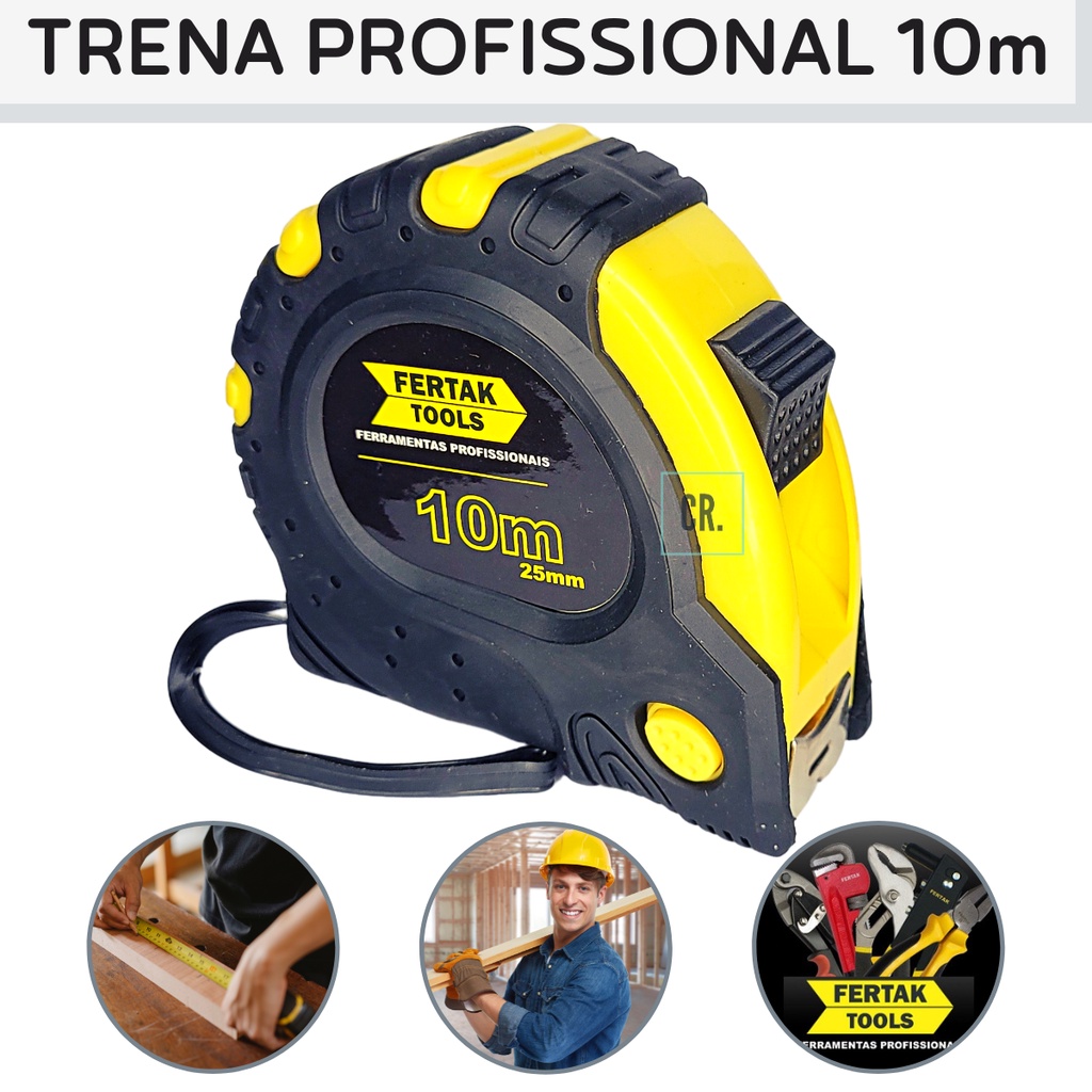 Trena de 10 Metros Profissional Emborrachada Fertak Tools Fita Metálica ...