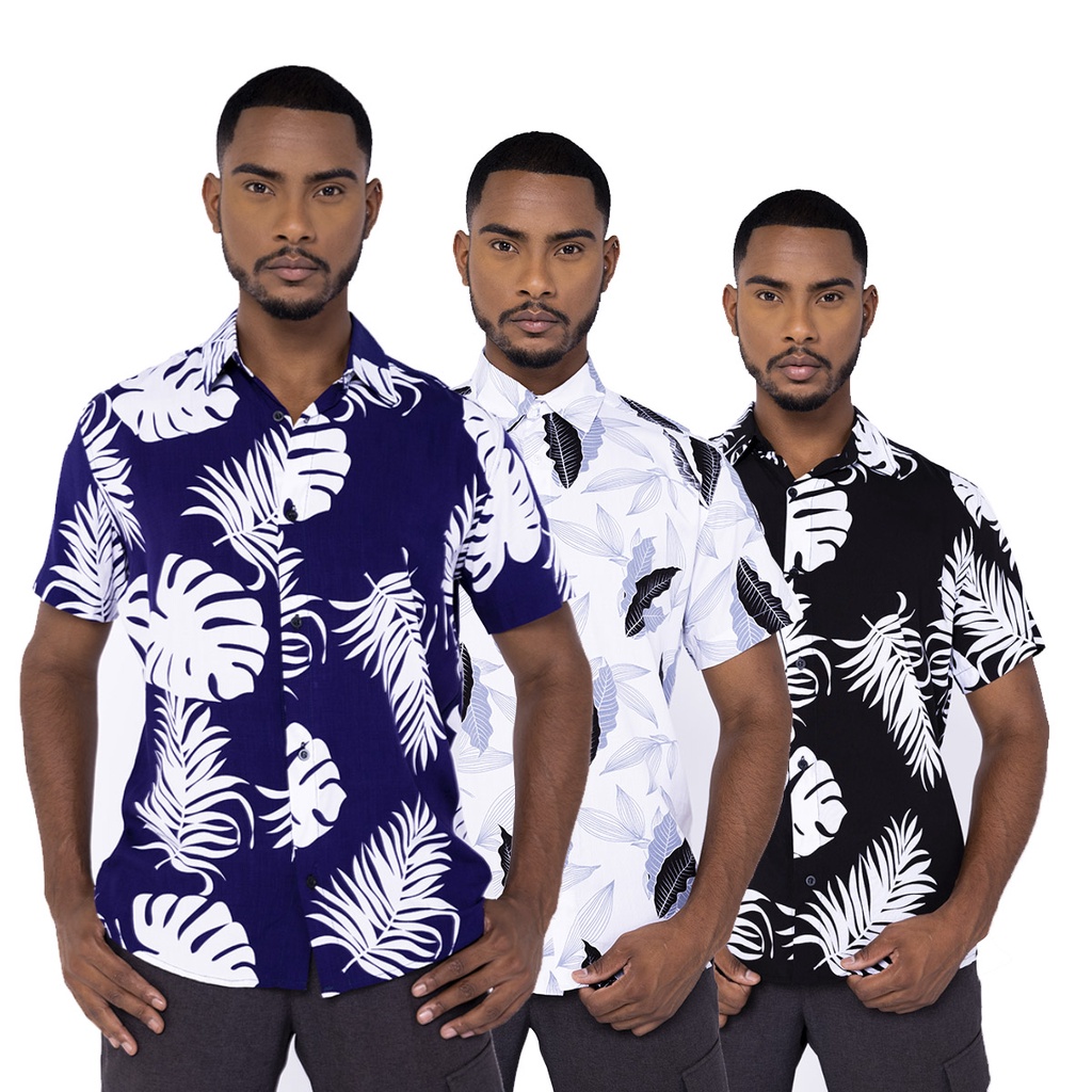 KIT 03 Camisa Floral Masculina Manga Curta Barata Praia Social Slim