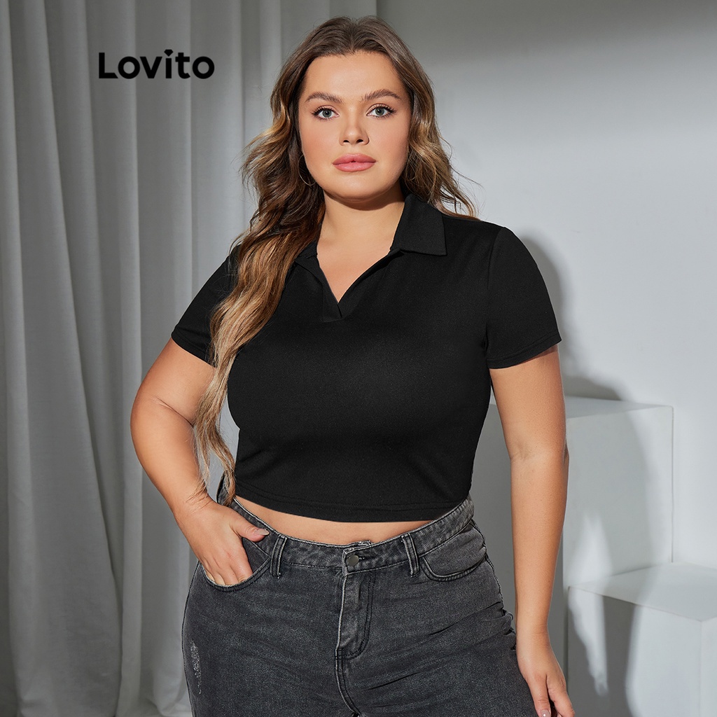 Lovito Camiseta Plus Size Feminina Casual Lisa E Confort Vel Lps Preto Shopee Brasil