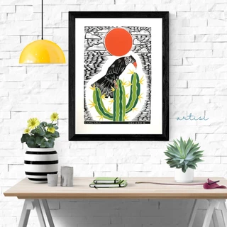 Quadro c/ Moldura 36x51cm Xilogravura Carcará para Decoração Parede Quarto Sala Bacaro Borges