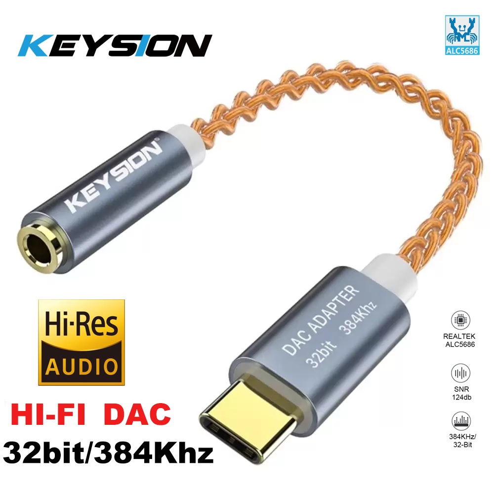 Adaptador DAC Keyson USB Cabo Tipo C 32bit 384 khz ALC5686 Hi-Res Audio Cabo P2