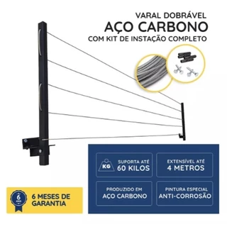 Varal Em Aço Dobrável + 20 Metros Cabo Aço Encapado