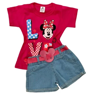 CONJUNTO INFANTIL MENINA 06 MESES A 5 ANOS COM CAMISETA BLUSA LUXO E SHORT JEANS