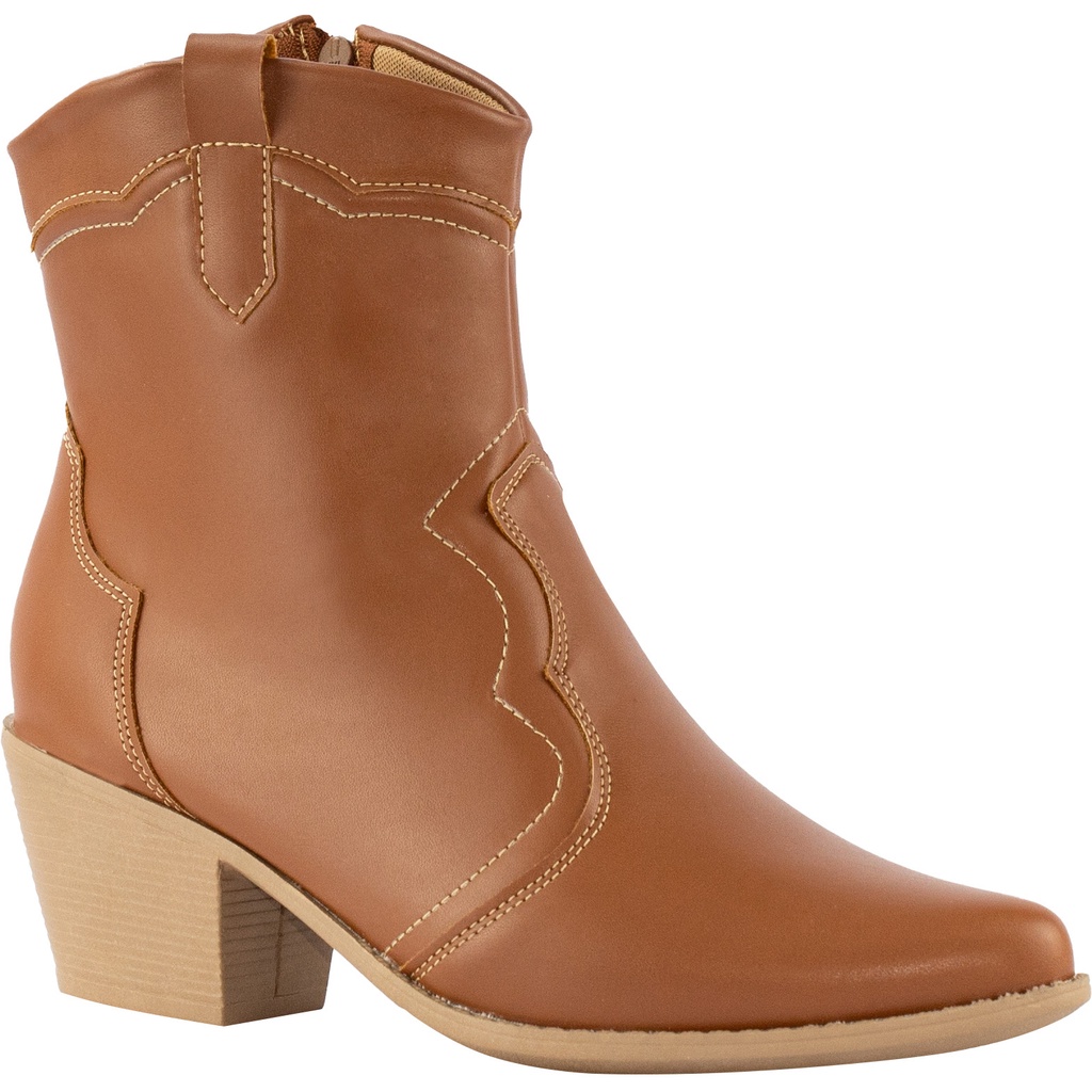 Bota Feminina Western Confortável Texana Salto Grosso Cano Curto Country Bico Fino Faroeste Macia Coturno Rodeio