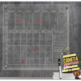 QUADRO PLANNER PLANEJAMENTO MENSAL E SEMANAL LOUSA ACOMPANHA 1 caneta Acrilico transparente nao precisa furar a parede
