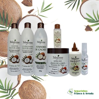 Kit Completo Óleo de Coco 7 PRODUTOS Maycrene (Shamp, Cond, Másc, Ativ. de Cachos, Creme de Pentear, Óleo Umectante 60ml e Óleo Reparador Spray 60ml) Tratando Cabelos Ressecados