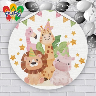 Painel Safari Cute Bichos Leão Elefantinho Baby Redondo Estampado em Tecido  Malha