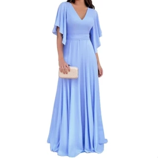 Vestido Feminino Longo Manga Sino, Evase 051