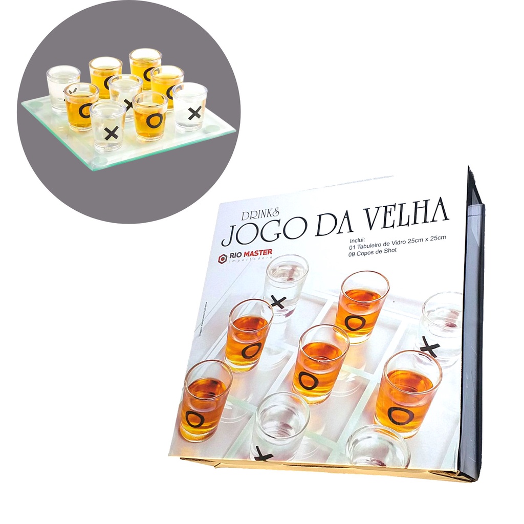 Jogo De Shot Jogo Da Velha Drink Tabuleiro De Vidro 25Cm Com 9