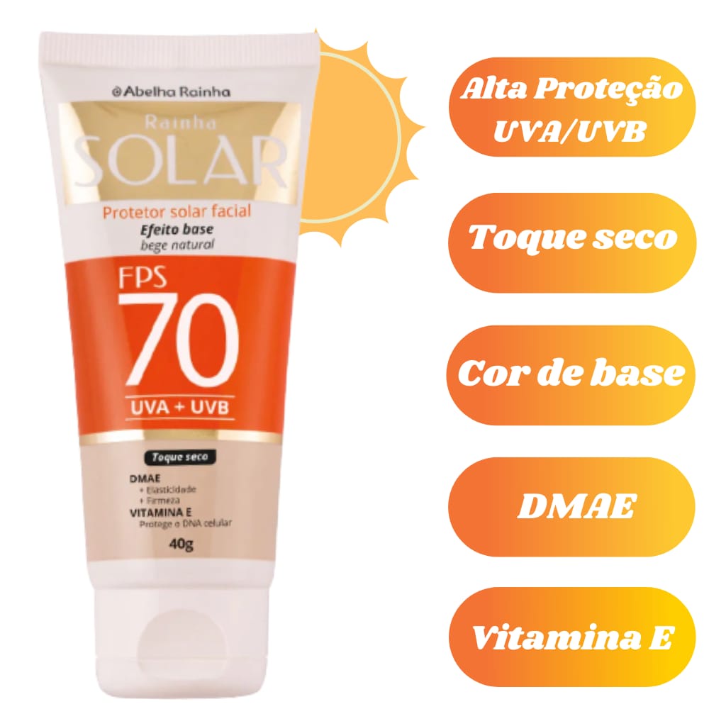Protetor Solar Facial Com Cor base toque seco fator 70 Abelha Rainha 40g