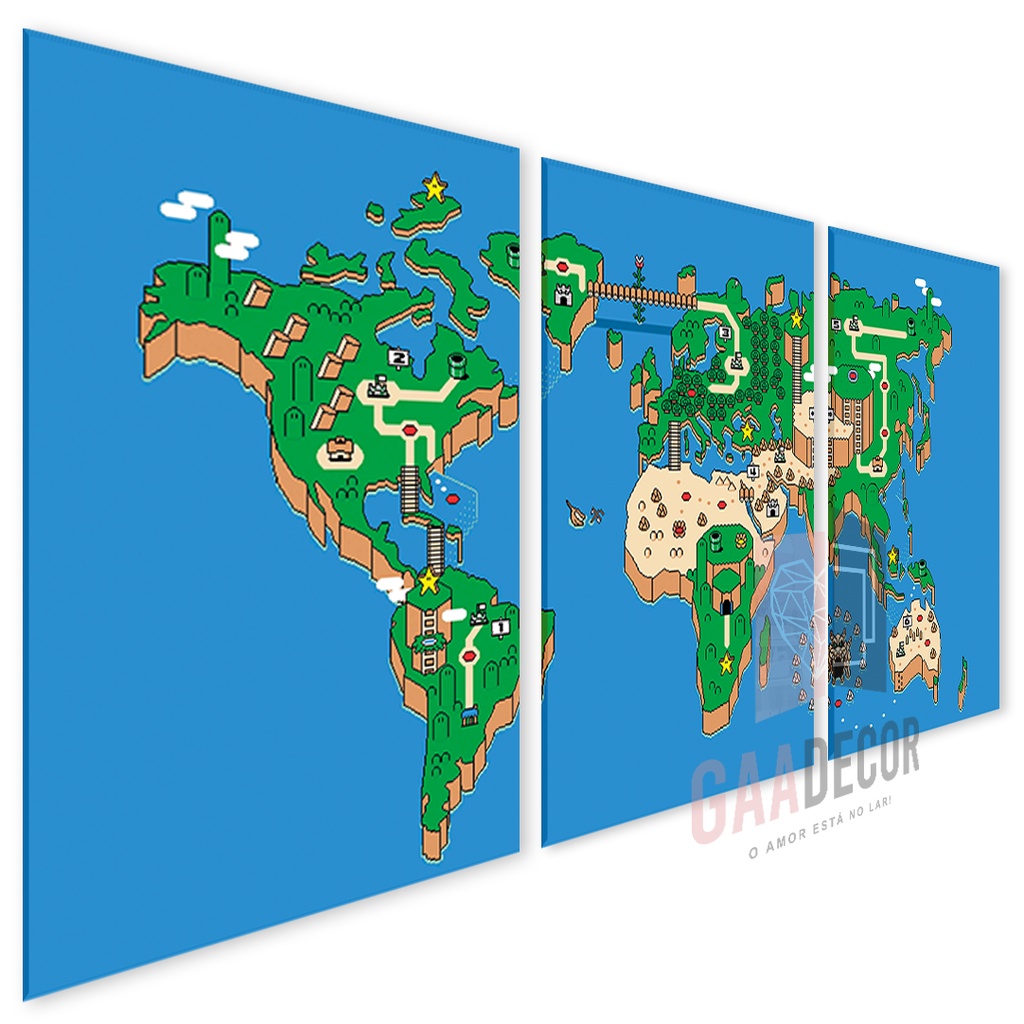 Kit 3 Quadros Decorativos para Sala Quarto Infantil Mapa Mario Bros Teen