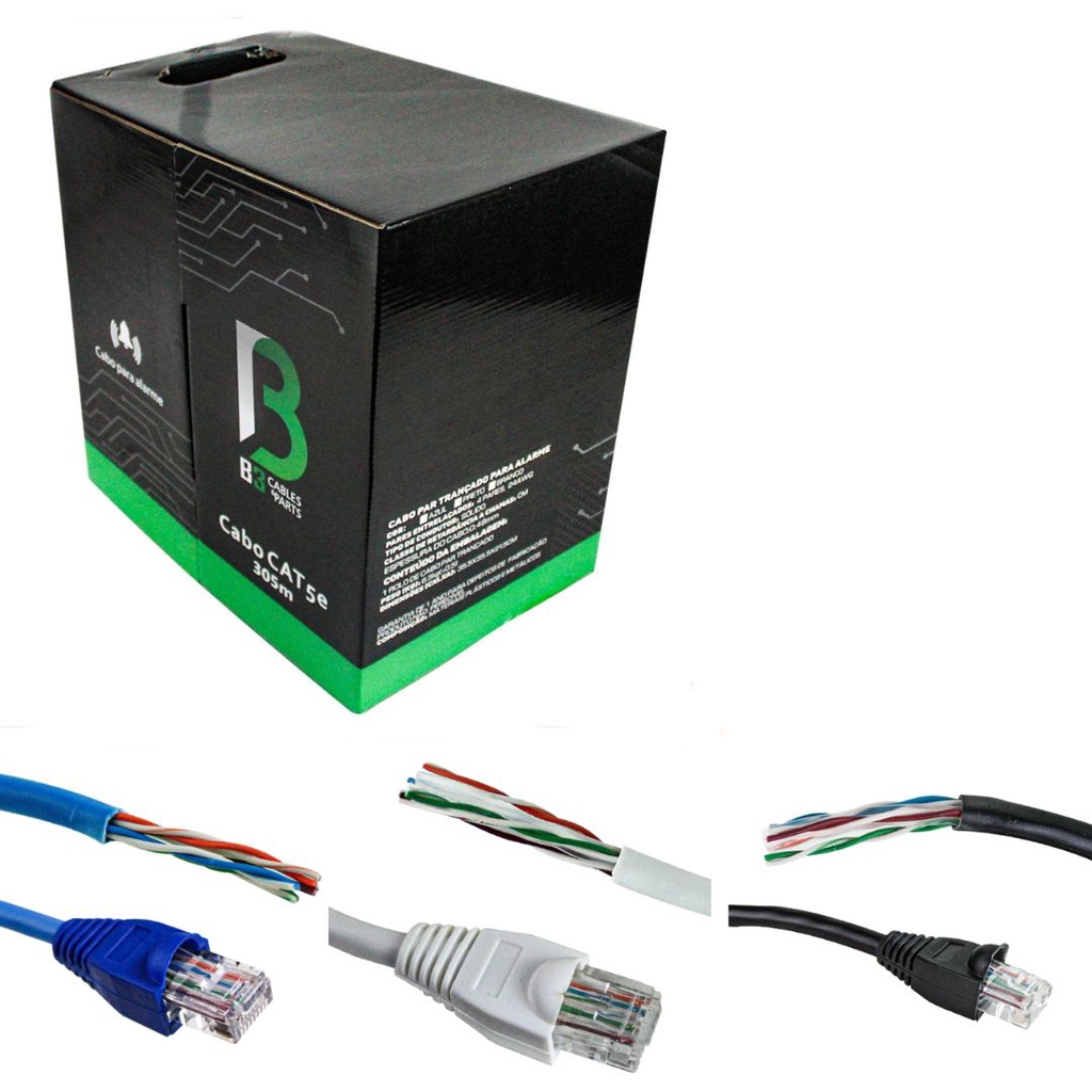 30, 50 e 100 Metros de Cabo de Rede Cat5e Azul, Branco e Preto