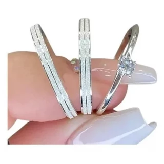Par de aliança namoro banhado prata 925 4mm diamantada + solitário COD-16