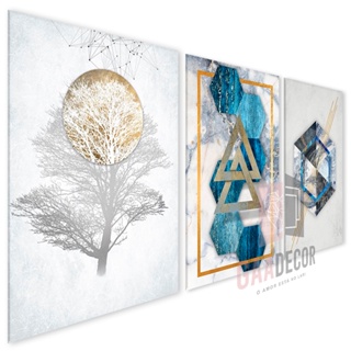 Kit 3 Quadros Decorativos para Sala Quarto Abstrato Azul Blue Geométrico Decoração