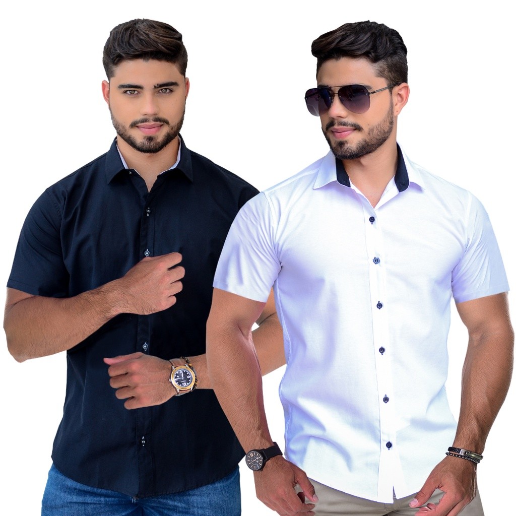 Kit 2 Camisa Social Masculina Manga Curta Slim Fit Elegante