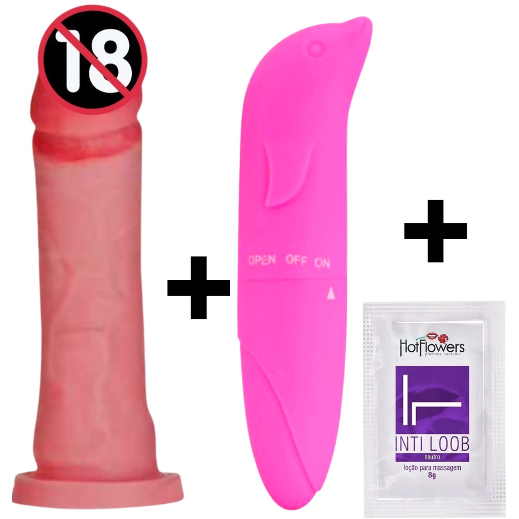 Pênis Realístico de Borracha Consolo de borracha realístico 16X4+ vibrador  Golfinho PontoG + Gel Lubrificante íntimo Neutro 5ML