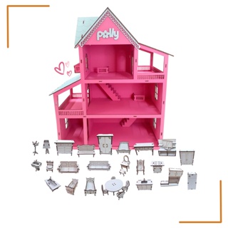 Casa De Boneca Mdf (Rosa) Com Kit Móveis