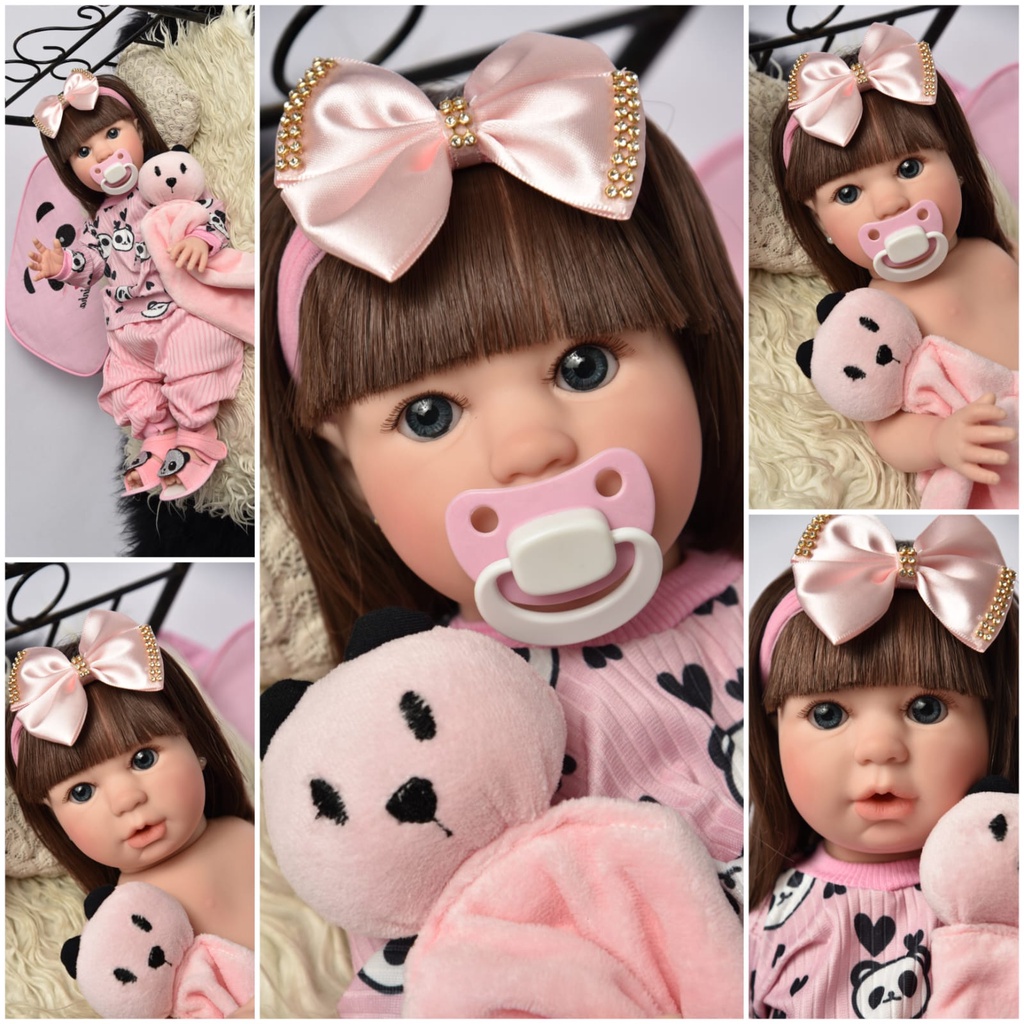 Brastoy Bebê Boneca Reborn 100% Silicone Panda Rosa Boneca 48cm