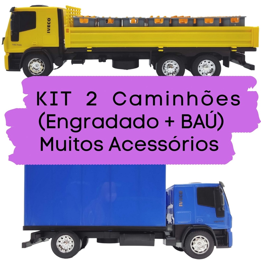 Kit Dois Caminhoes de Brinquedo - 1 Caminhão Baú Com Acessórios +