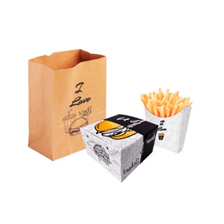 Combo Delivery Viagem Caixa Embalagem de Hambúrguer + Caixa de Batata Frita P Pequena + Saco Kraft Pequeno - 50 unidades de cada item