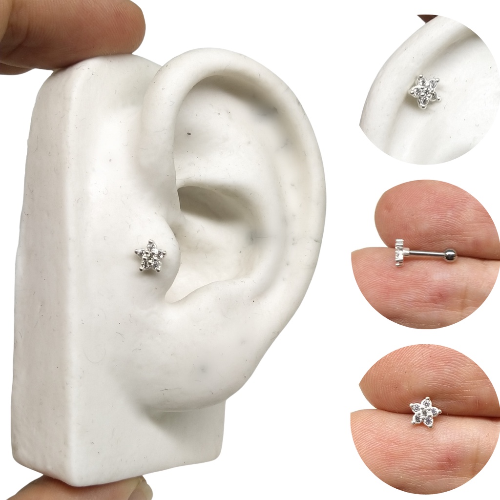 Piercing Tragus Cartilagem Raio Cravejado Prata 925