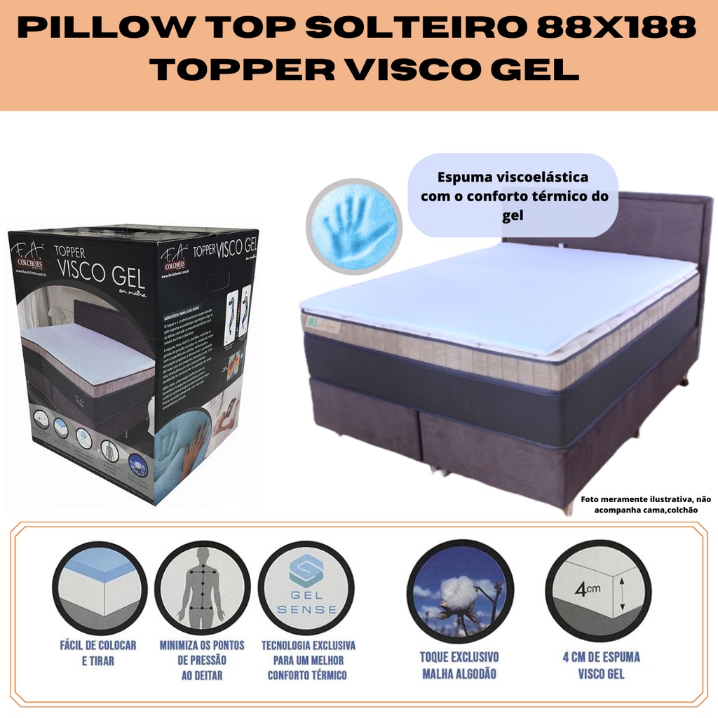 Pillow Top Solteiro Topper Visco Gel FA 88x188x04cm Tecnologia exclusiva para melhor conforto termico Shopee Brasil