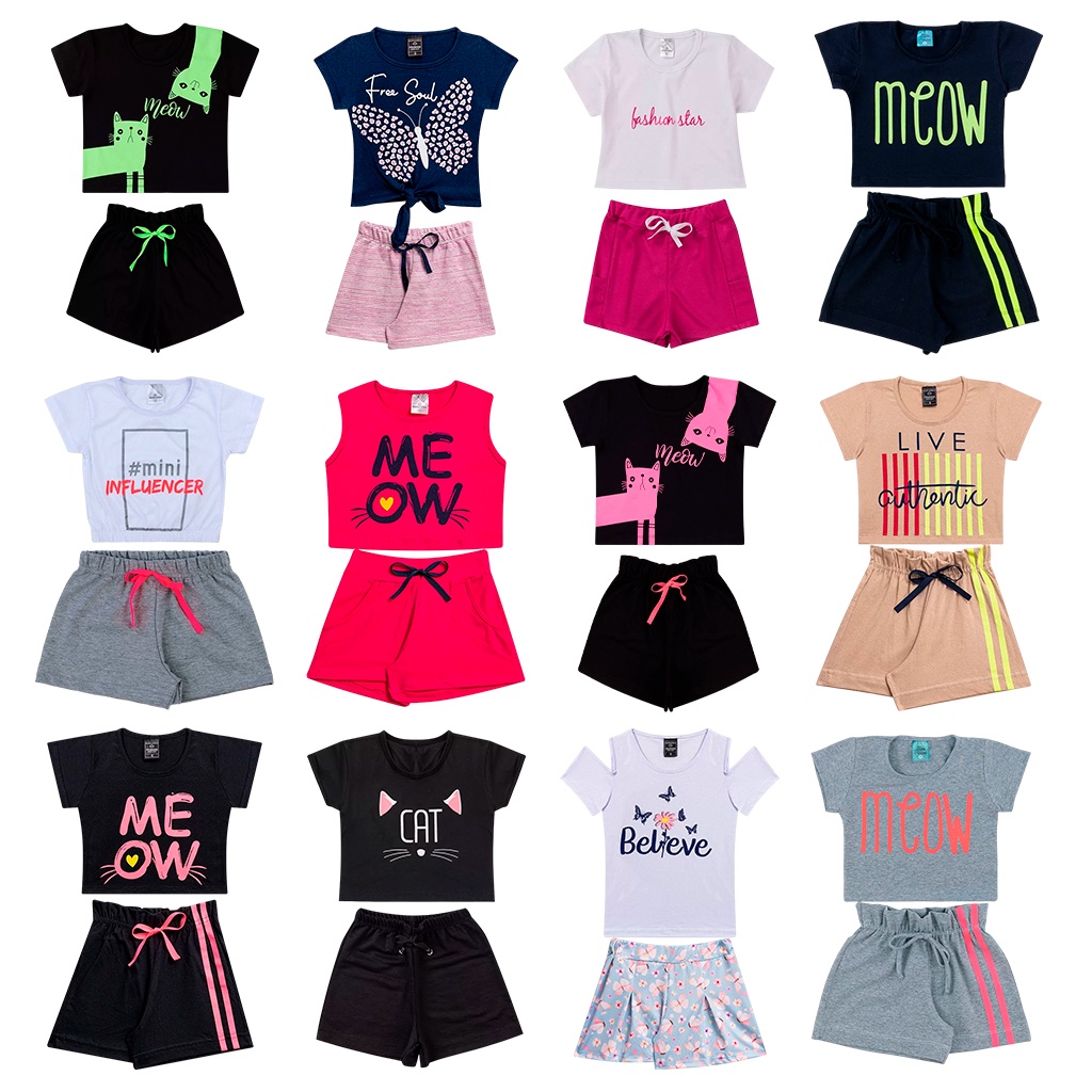 Kit Sortido 10 Peças de Roupas Infantil Menina 5 Blusas + 5 Shorts - Promoção - Kit com 5 Conjuntos de Menina - 5 Blusas + 5 Shorts - Barato