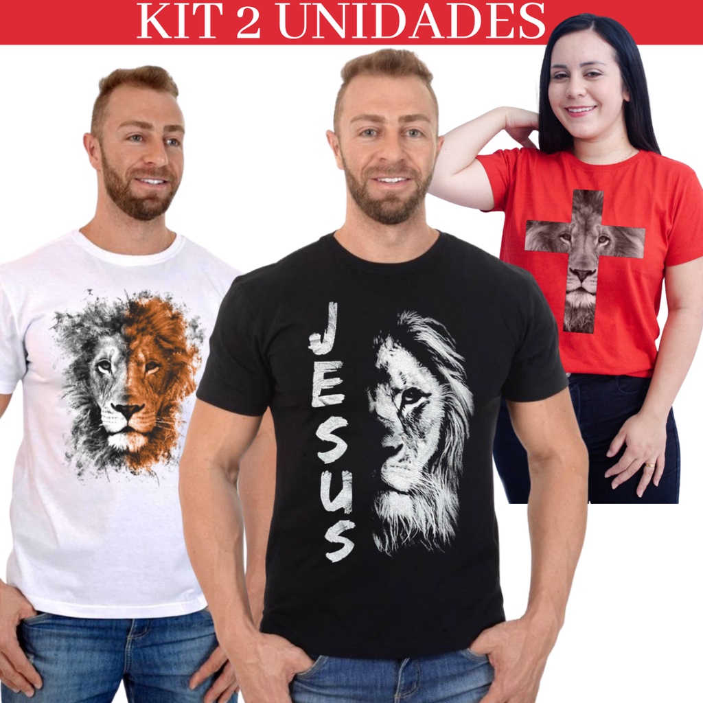 Kit 2 Camiseta Camisa Yeshua Cruz Leão Moda Evangélica Masculina Unissex