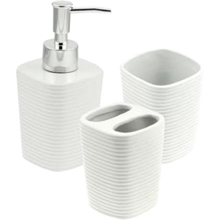 Kit Banheiro Lavabo Branco C/ 3 Peças Conjunto Relevo Saboneteira Higiene Cerâmica Decor