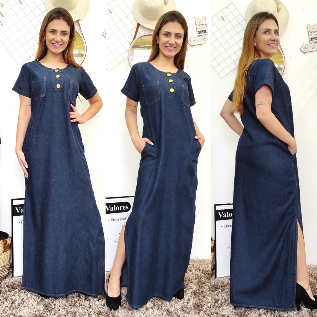 Vestido Chemise Longo Jeans Com Fenda Lateral Shopee Brasil