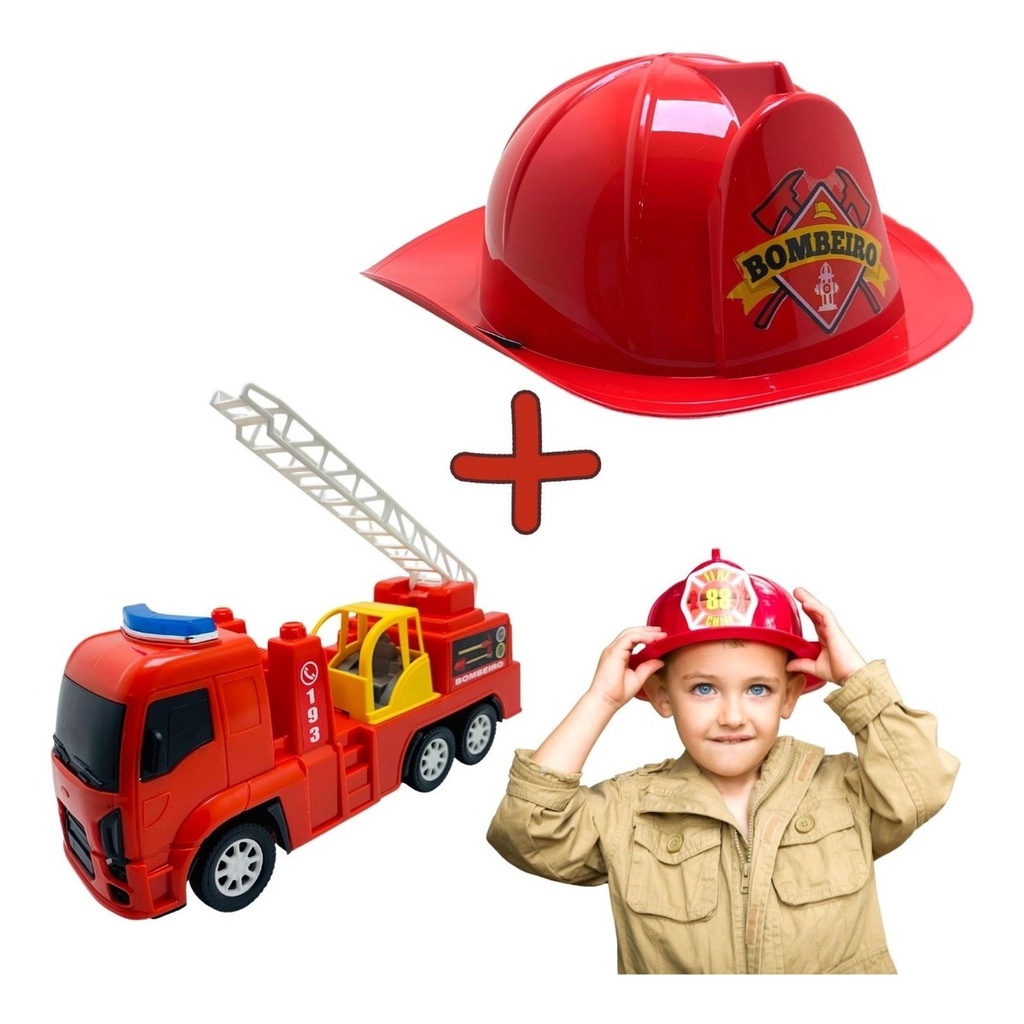 Kit Brinquedo Capacete E Caminhao Bombeiro Grande Com Escada Lindo ...