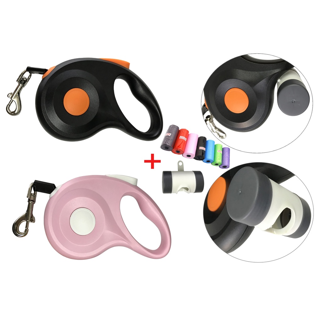 Kit Guia Retrátil 5 Metros Pet Cachorro Com Suporte Para Saco De Fezes + Refil Saco Pega Coco LR-0158