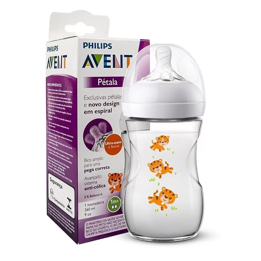 Mamadeira Anticólica Pétala Tigre Transparente 260ml Philips Avent