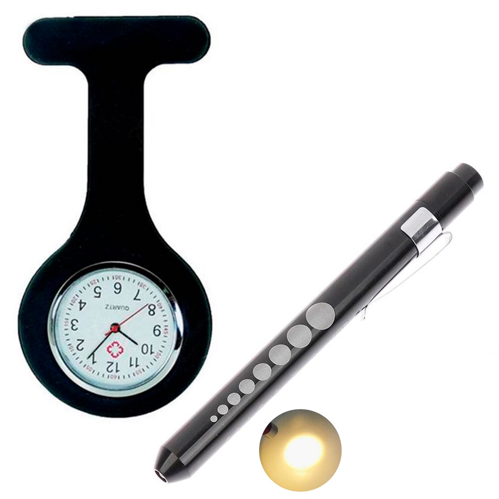 Relógio Lapela Silicone Enfermagem Preto E Caneta Lanterna