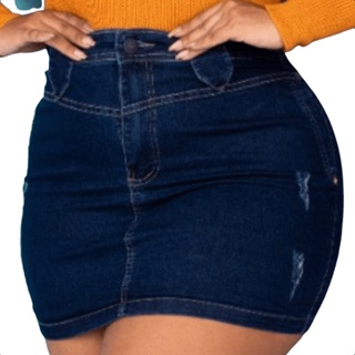Saia Jeans Plus Size Feminina Com Lycra Destroyed Cintura Alta