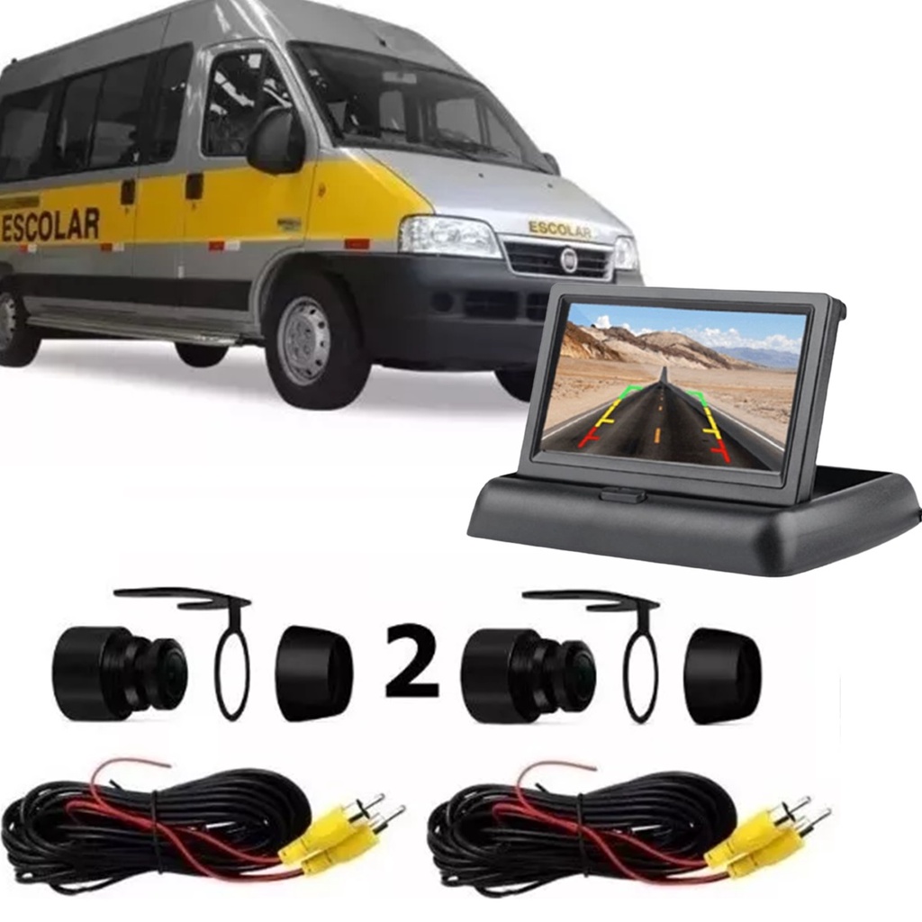 Kit Câmera Frontal + Ré Van Escolar Retrovisor Monitor LCD 4.3 Polegadas Retrátil