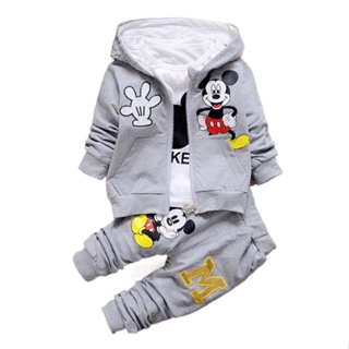 Disney Mickey Mouse 3Pcs Fato De Outono Conjuntos De Roupas Para Meninos Desenho Animado Impressão De Casacos Com Capuz Calças 1-4 Anos Esportivo Bebês
