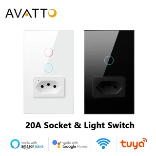 AVATTO 2023 Novo Produto Tuya WiFi Switch Com Tomada 20A Painel De Vidro Padrão Brasil 4X2 1/2 Botões Smart Light Funciona Alexa Google home