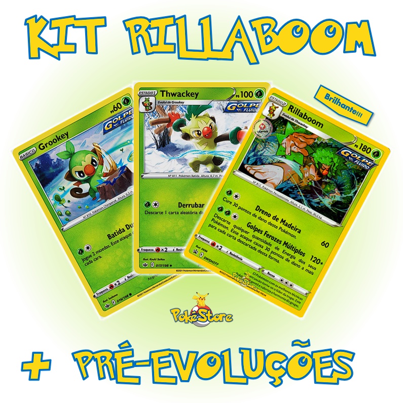 3 Cartas Pokemon Kit de Evoluções Rillaboom Thwackey Grookey Diversos ...